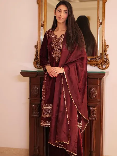 Maroon Color Velvet Salwar Suit With Pant and Dupatta Heavy Embroidery Work