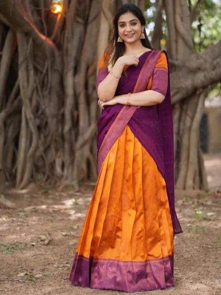 Half Saree Lehenga Choli in Orange Kanjivaram Silk South Indian Lehenga