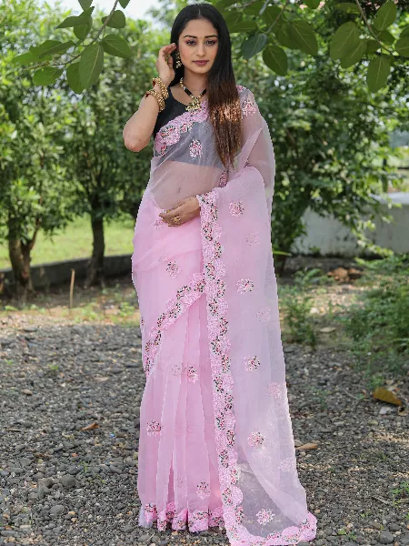 Organza Saree in Light Pink Color With Resam Embroidery Work and Blouse