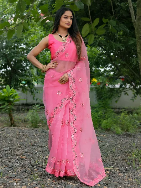 Organza Saree in Pink Color With Resam Embroidery Work and Blouse