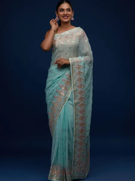Sky Blue Color Saree in Georgette With Swarovski Diamond and Embroidery