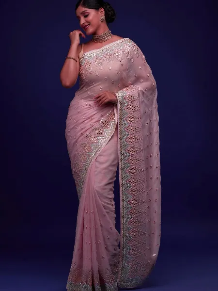 Pink Color Saree in Georgette With Swarovski Diamond and Embroidery