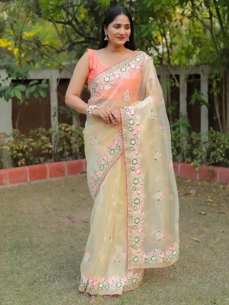Peach Color Organza Saree With Resam Embroidery Work and Blouse