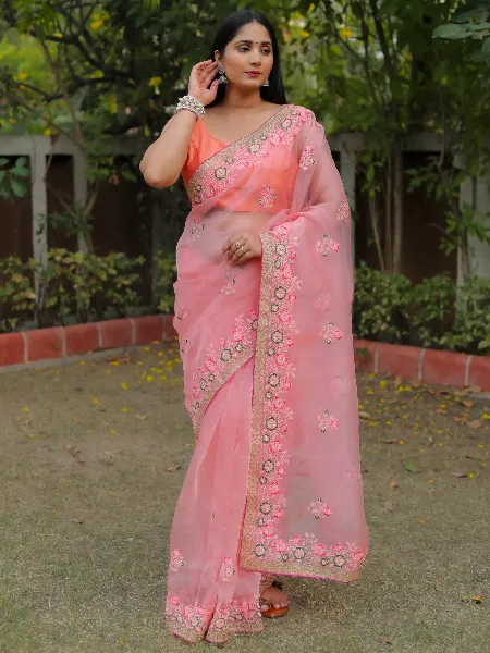 Pink Color Organza Saree With Resam Embroidery Work and Blouse
