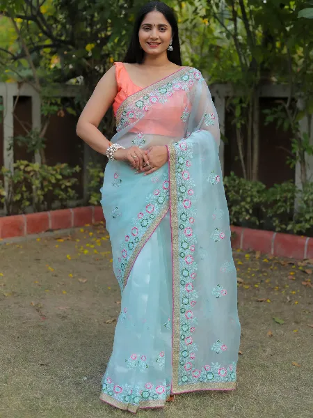 Sky Blue Color Organza Saree With Resam Embroidery Work and Blouse