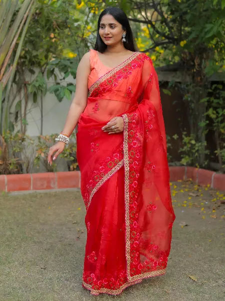 Red Color Organza Saree With Resam Embroidery Work and Blouse