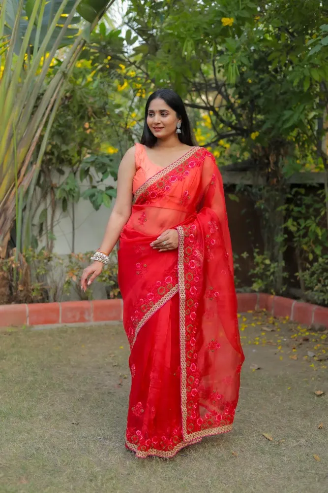 Pure Organza Silk Saree Hand painted - Red organza saree -partywear saree -cocktailsaree