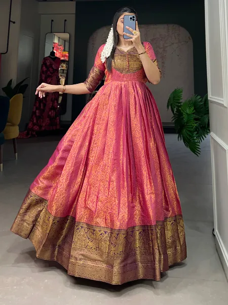 Kanjivaram Gown in Pink Color With Zari Weaving Work Ready to Wear Gown