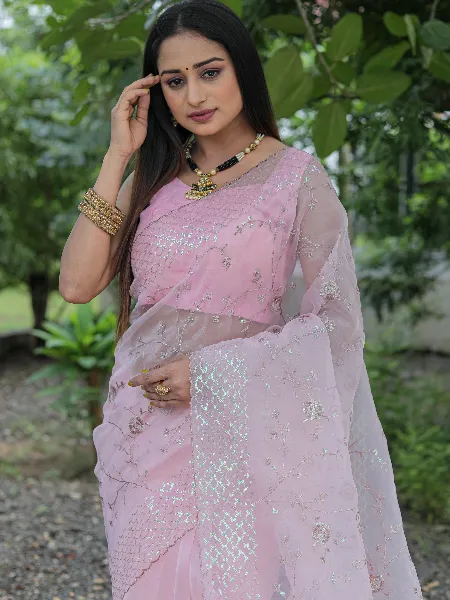 Pink Color Organza Saree With Sequence Embroidery Work and Heavy Blouse