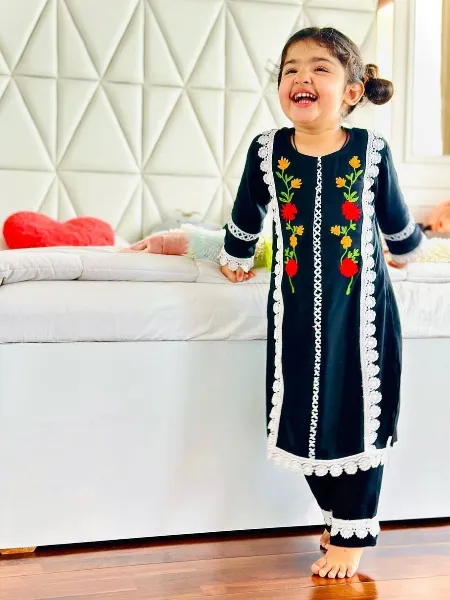 Black Color Kids Top and Pant Pair in Georgette With Beautiful Embroidery