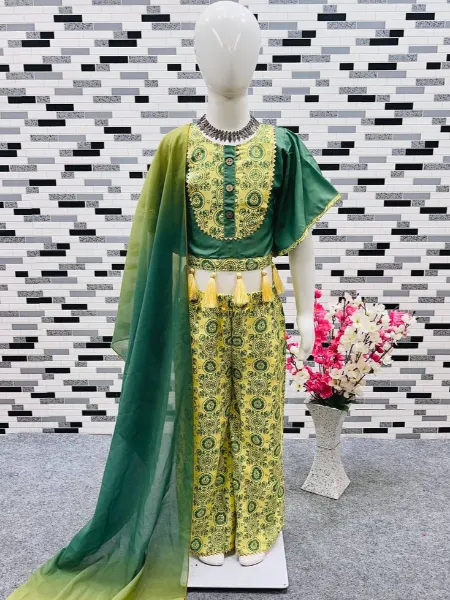 Green Color Kids Top and Sharara Pair in Crepe With Digital Print