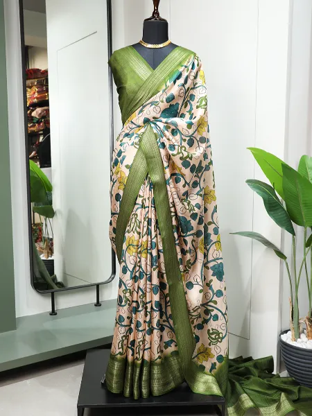 Dola Silk Saree in Green Color With Digital Print With Zari Weaving Border
