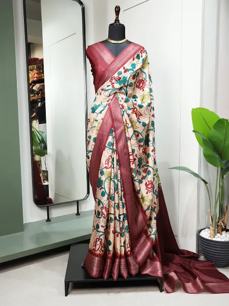 Dola Silk Saree in Maroon Color With Digital Print With Zari Weaving Border