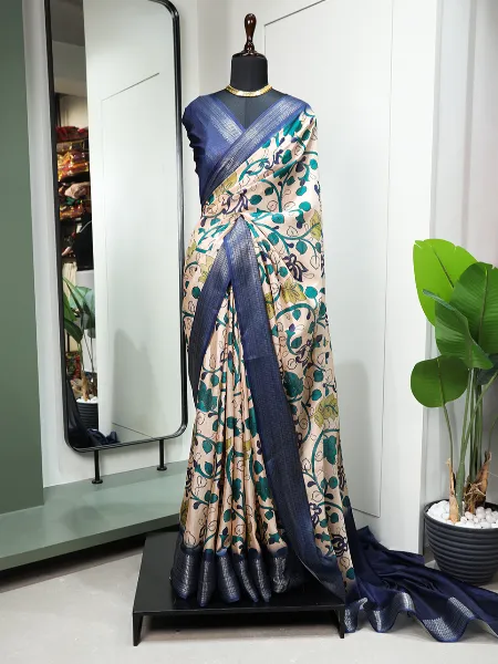 Dola Silk Saree in Navy Blue Color With Digital Print With Zari Weaving Border