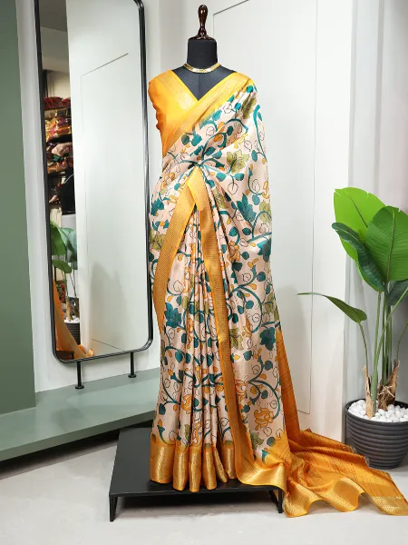 Dola Silk Saree in Yellow Color With Digital Print With Zari Weaving Border
