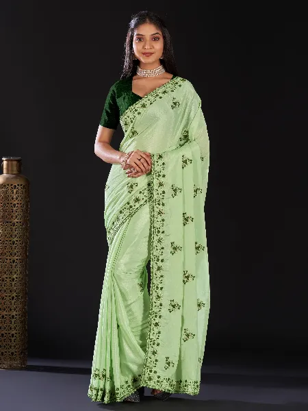 Soft Shiny Chinon Saree in Pista Color With Thread and Zari Embroidery