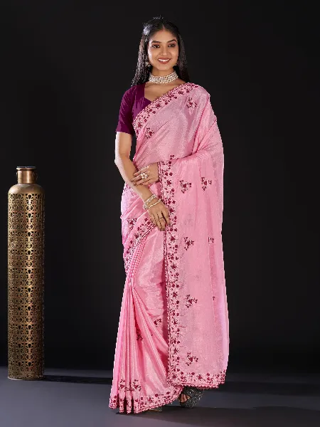 Soft Shiny Chinon Saree in Pink Color With Thread and Zari Embroidery