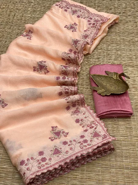 Soft Shiny Chinon Saree in Peach Color With Thread and Zari Embroidery