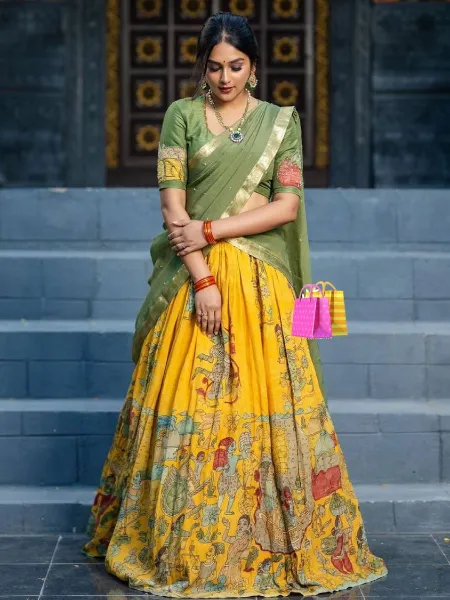 Yellow and Mehendi South Indian Lehenga Choli With Kalamkari Print and Readymade Blouse