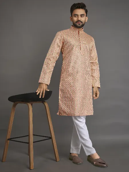 Mens Kurta Pajama Set in Peach Color With Thread Embroidery Work