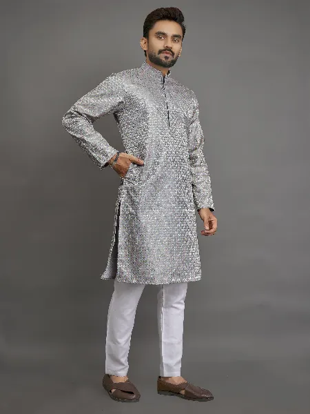 Mens Kurta Pajama Set in Grey Color With Thread Embroidery Work