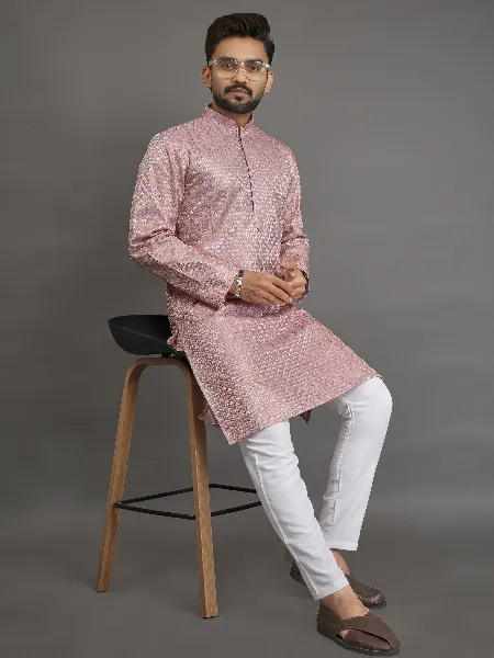 Mens Kurta Pajama Set in Pink Color With Thread Embroidery Work