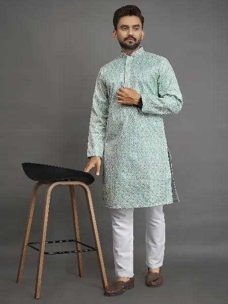 Mens Kurta Pajama Set in Sky Color With Thread Embroidery Work