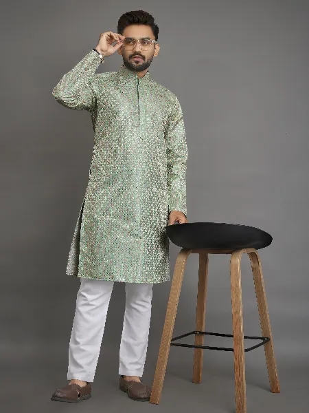 Mens Kurta Pajama Set in Light Green Color With Thread Embroidery Work