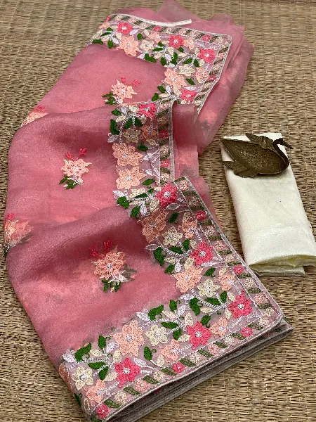Organza Saree in Pink Color with Resam Embroidery Work and Blouse