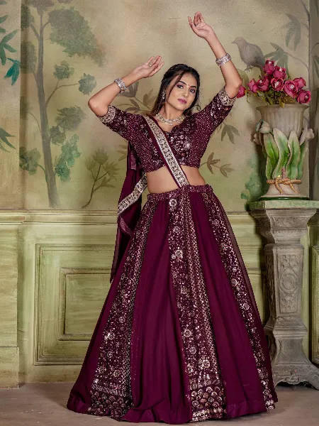Indian Wedding Lehenga Choli in Wine Color With Sequence Embroidery