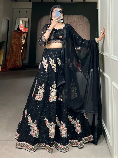 Black Color Sequence Lehenga Choli in Georgette With Beautiful Embroidery