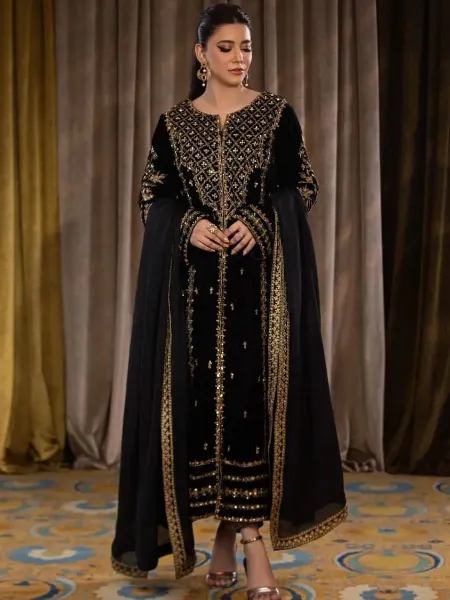 Velvet Salwar Suit in Black With Heavy Sequence Embroidery Work Ready to Wear