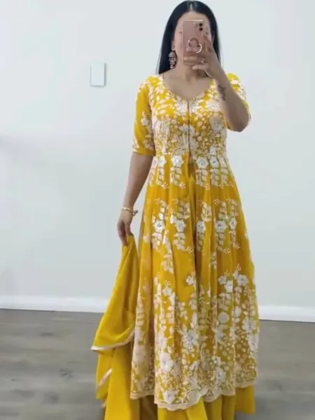 Haldi Outfit With Sequence Work Top and Ruffle Sharara With Dupatta