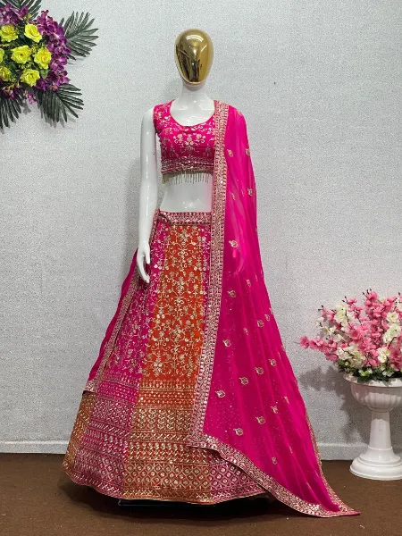 Wedding Lehenga Choli in Orange and Pink Color Georgette With Embroidery Work