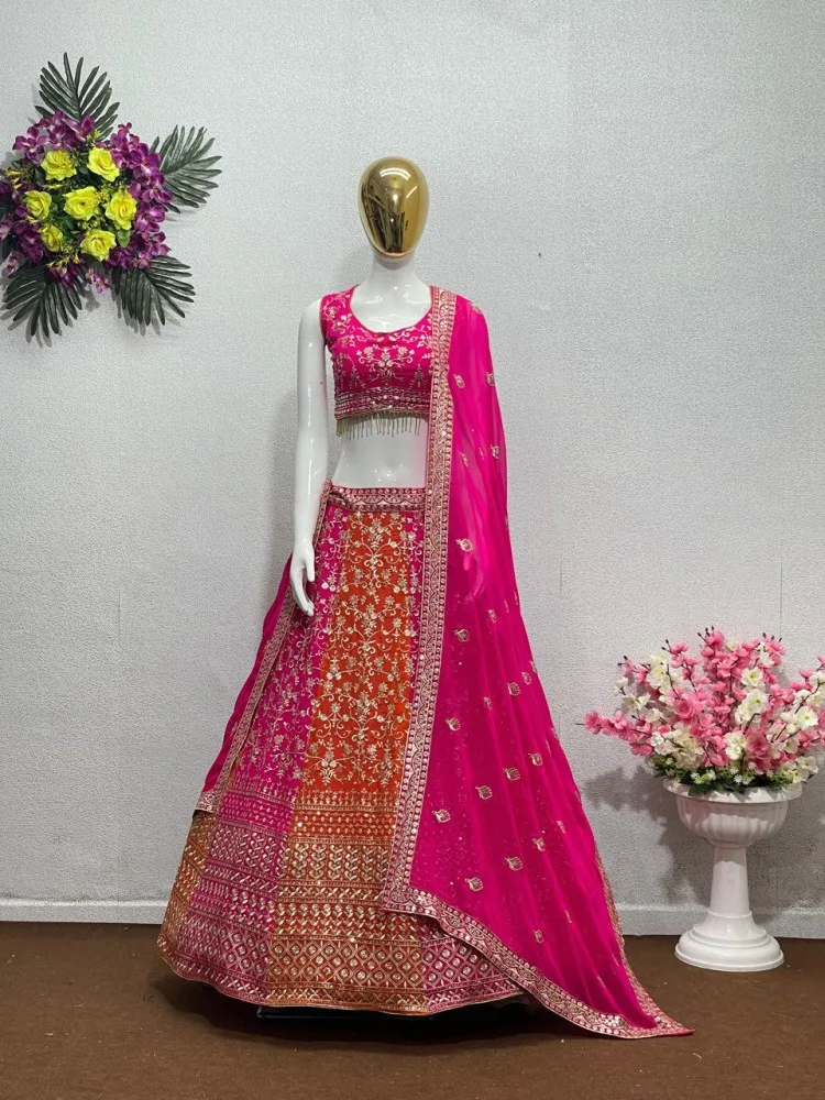 Lehenga Choli : Pink and orange print thread sequence embroidered ...