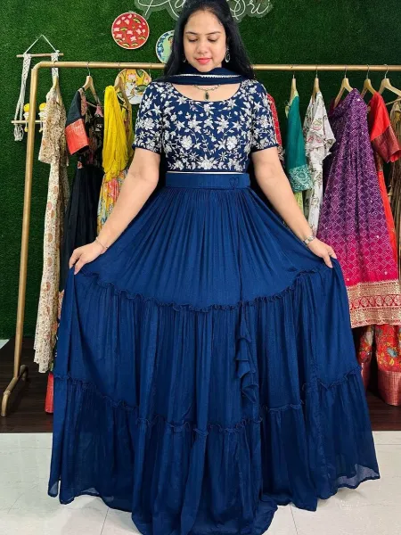 Ready to Wear Lehenga Choli in Blue Color Chinon Fabric With Embroidery
