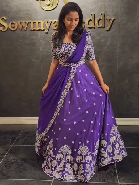 Ready to Wear Lehenga Choli in Purple Color Chinon Fabric With Embroidery Work
