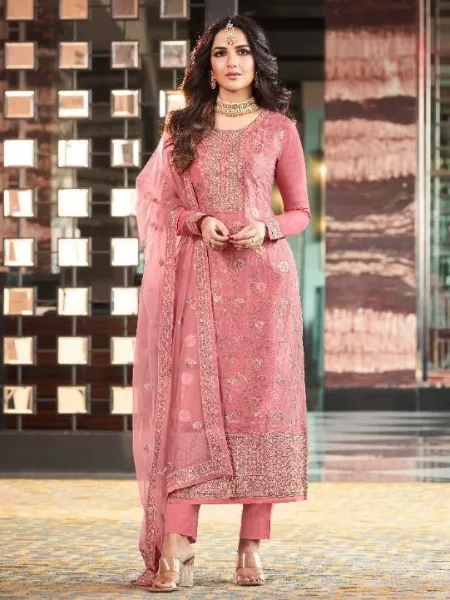 Paksitani Dress in Dola Silk With  Jacquard and Embroidery in Pink Color