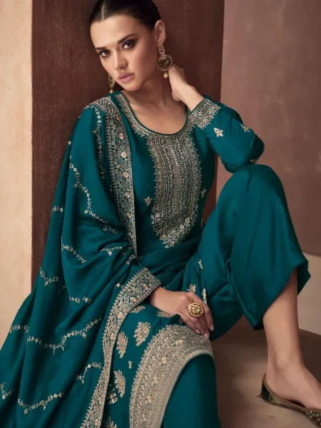 Premium Silk Salwar Suit in Rama Color With Beautiful Sequence Embroidery