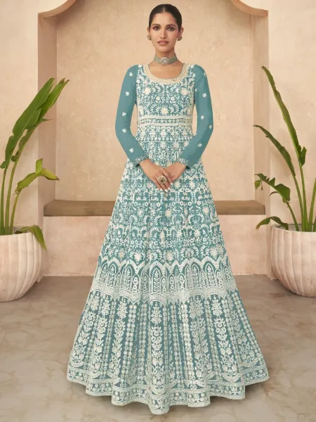Wedding Anarkali in Sky Blue Georgette With Heavy Thread Embroidery and Sequence