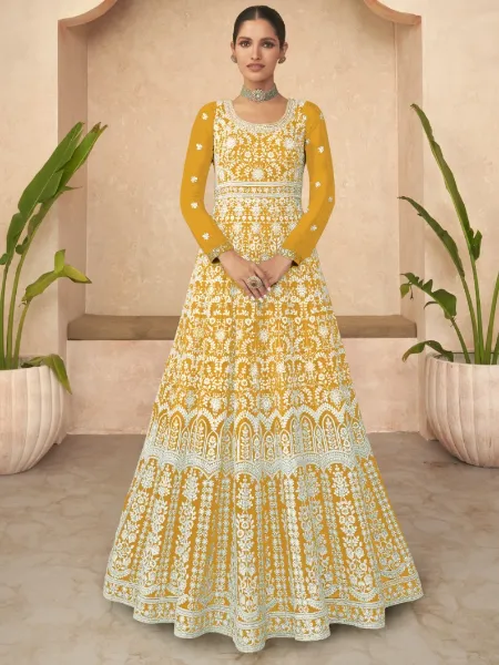 Wedding Anarkali in Yellow Georgette With Heavy Thread Embroidery and Sequence
