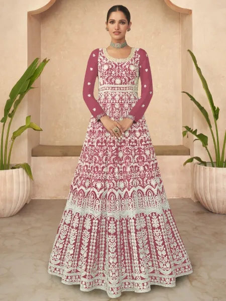 Wedding Anarkali in Maroon Georgette With Heavy Thread Embroidery and Sequence