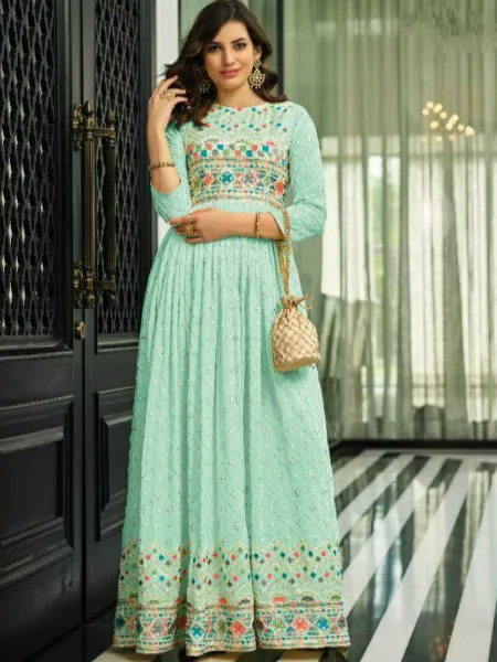 Anarkali Dress in Sky Blue Georgette With Multi Thread Embroidery and Sequence
