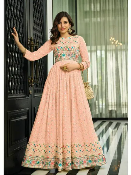 Anarkali Dress in Peach Georgette With Multi Thread Embroidery and Sequence