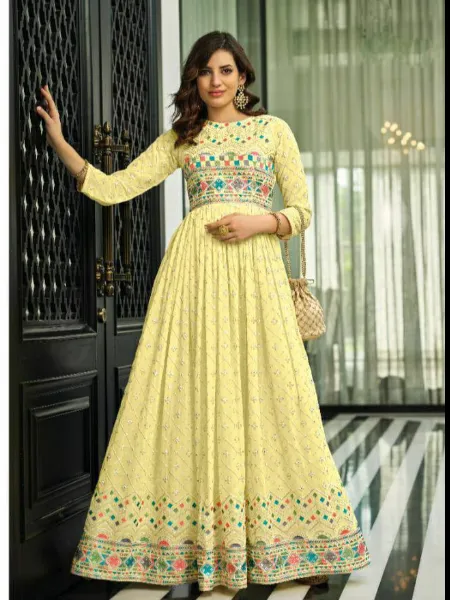 Anarkali Dress in Yellow Georgette With Multi Thread Embroidery and Sequence