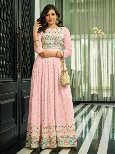 Anarkali Dress in Light Pink Georgette With Multi Thread Embroidery and Sequence