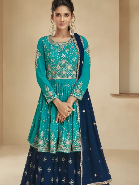 Turquoise and Blue Indo Western in Georgette With Sequence Embroidery