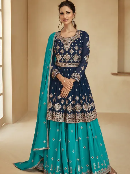 Blue and Teal Indo Western in Georgette With Sequence Embroidery
