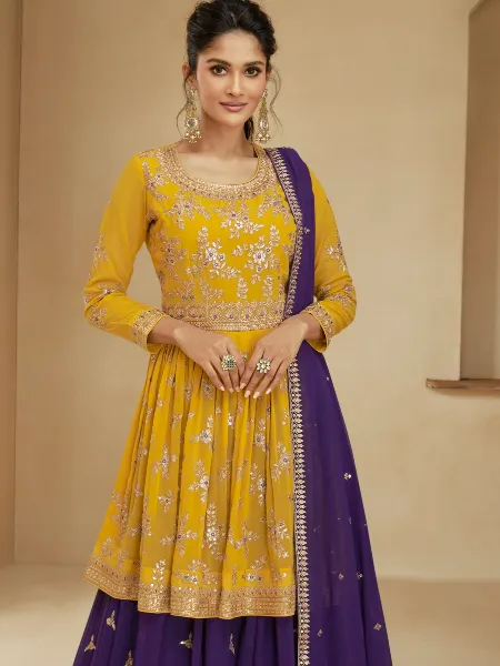 Yellow and Purple Indo Western in Georgette With Sequence Embroidery