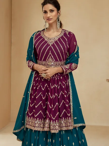 Purple and Teal Indo Western in Georgette With Sequence Embroidery